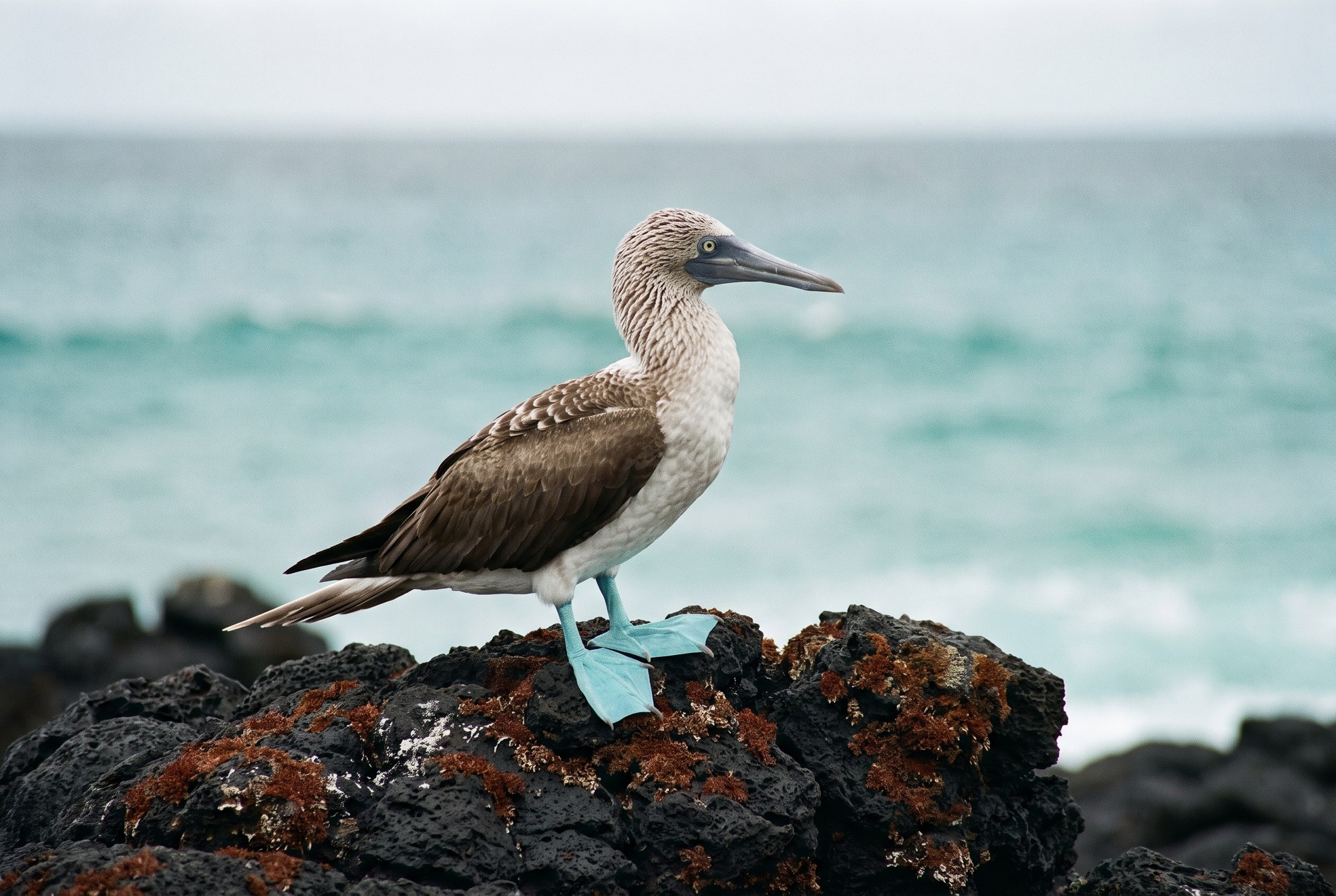 A blue-footed booby standing on volcanic lava in the Galápagos Islands