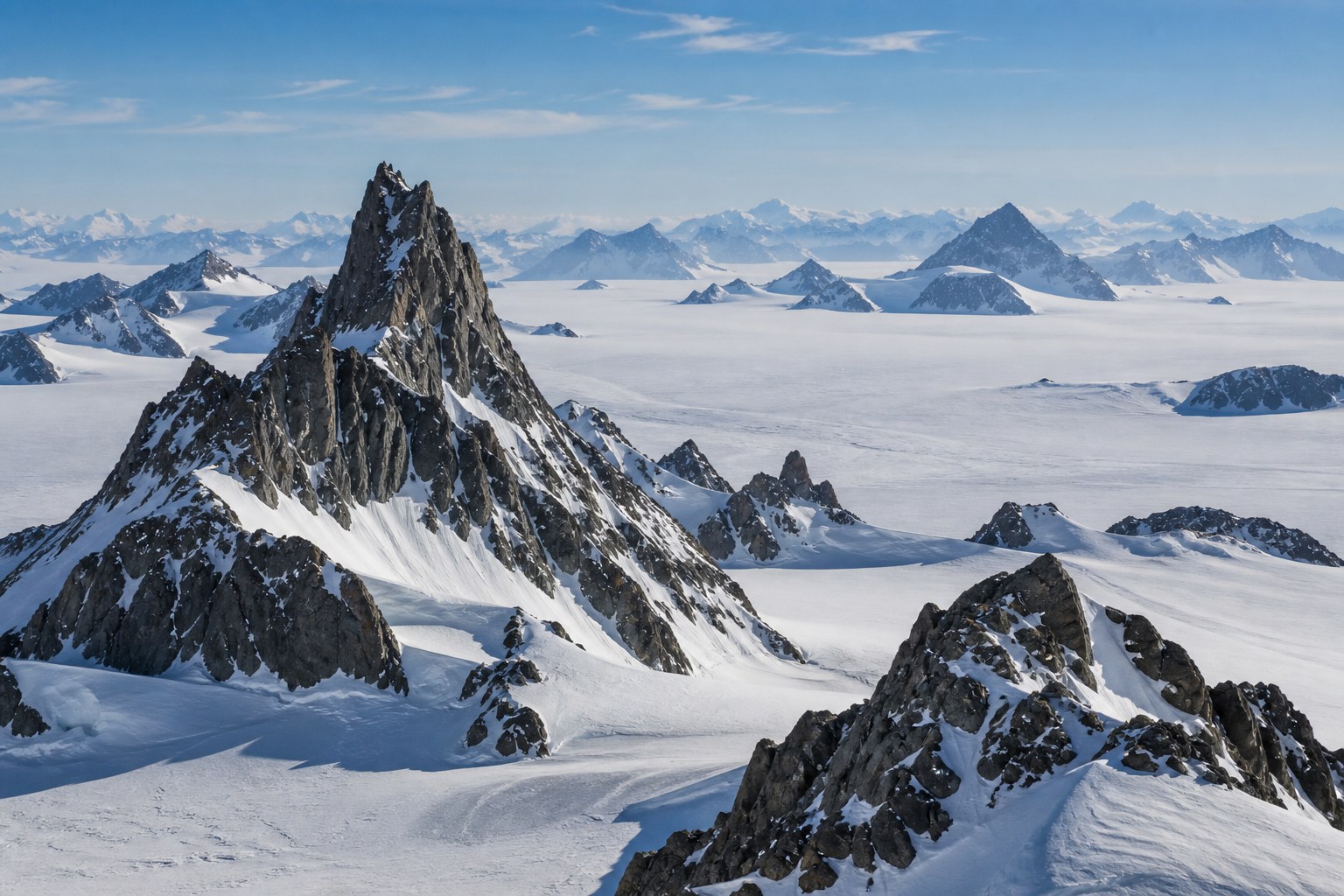 Granite nunataks rising from the Antarctic ice sheet